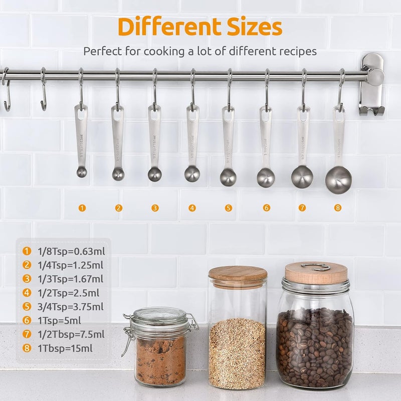 U-Taste 18/8 Stainless Steel Measuring Spoons: Metal Measure Spoon Set of 8 Piece: 1/8 TSP, 1/4 TSP, 1/3 TSP, 1/2 TSP, 3/4 TSP, 1 TSP, 1/2 tbsp & 1 tbsp Dry and Liquid Ingredients - Image 2