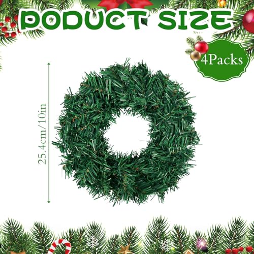 Gosodeny Christmas Decor 4 Pcs Christmas Wreath 10 Inch Green Artificial Wreaths DIY Faux Plain Wreaths Front Door Green Farmhouse Cabinets Wreath Indoor Outdoor Wall DecorClassic - Image 3