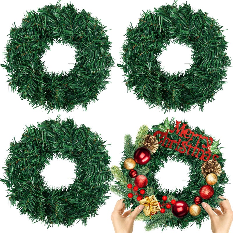 Gosodeny Christmas Decor 4 Pcs Christmas Wreath 10 Inch Green Artificial Wreaths DIY Faux Plain Wreaths Front Door Green Farmhouse Cabinets Wreath Indoor Outdoor Wall DecorClassic - Image 2