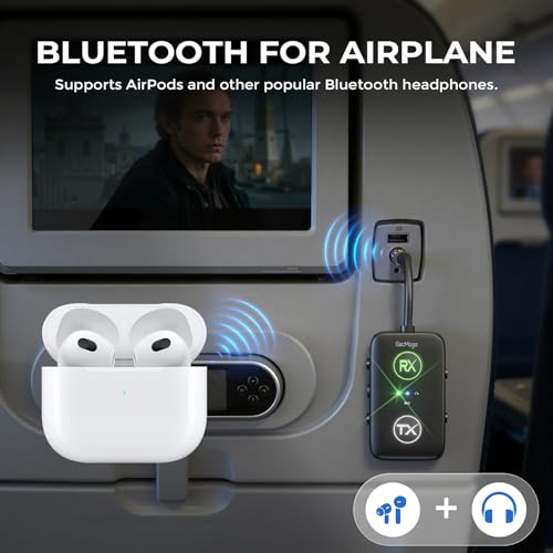ElecMoga 2025 Upgraded Airplane Bluetooth 54 Transmitter with Qualcomm Chipset ElecMoga Airplane Travel Essentials Supports 2 AirPods or Headphones 2in1 AUX Wireless Receiver for Gym TV Car Audio - Image 3