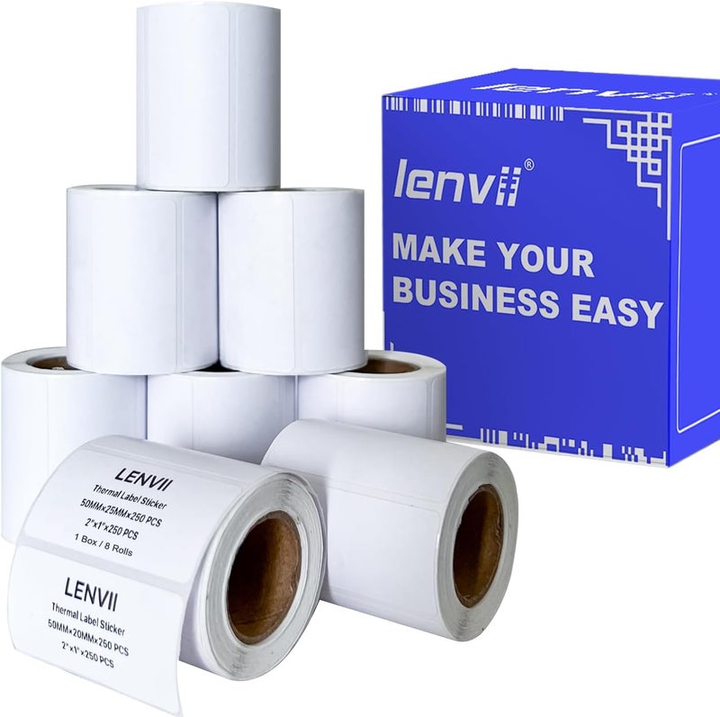 LENVII 50 x 25mm (2" x 1") Thermal Labels 2000 Sheets - 8 Rolls × 250 Labels, 3-Proof (Water/Oil/Scratch) Multi-Use Adhesive Stickers for Address/Barcode/FNSKU Tags -Home/Office/Product/Gift Labeling - Image 1