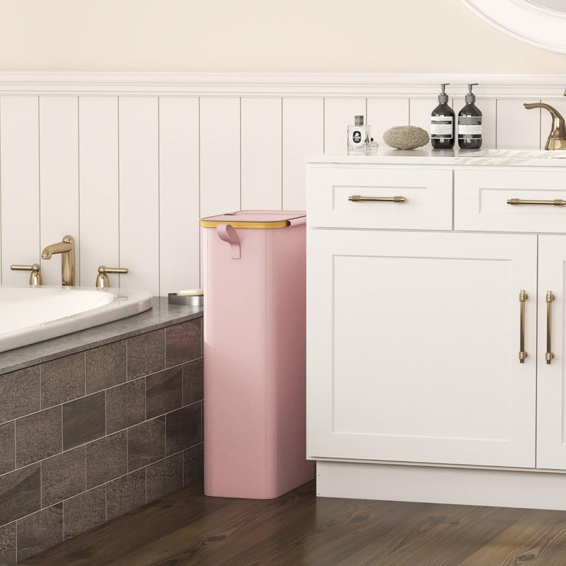 Lifewit 65L Slim Laundry Hamper with Lid, Narrow Laundry Basket with Removable Bag & Bamboo Handles, Fodable Thin Dirty Clothes Hamper for Laundry Collapsible Bin for Bathroom Bedroom Dorm, Pink - Image 2