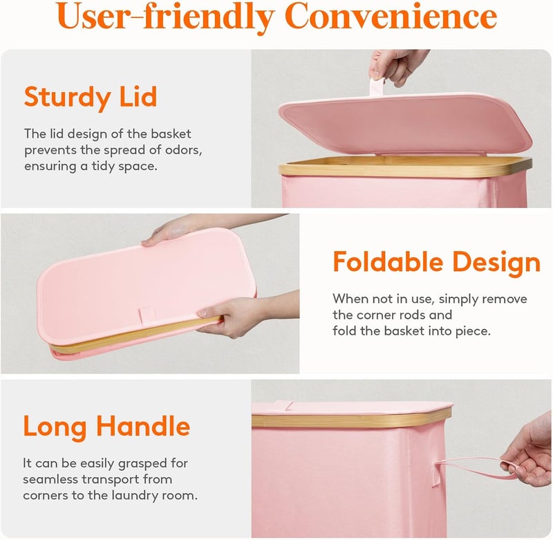Lifewit 65L Slim Laundry Hamper with Lid, Narrow Laundry Basket with Removable Bag & Bamboo Handles, Fodable Thin Dirty Clothes Hamper for Laundry Collapsible Bin for Bathroom Bedroom Dorm, Pink - Image 5