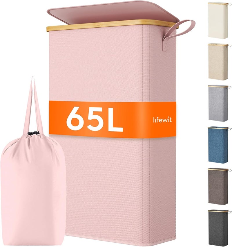 Lifewit 65L Slim Laundry Hamper with Lid, Narrow Laundry Basket with Removable Bag & Bamboo Handles, Fodable Thin Dirty Clothes Hamper for Laundry Collapsible Bin for Bathroom Bedroom Dorm, Pink - Image 1