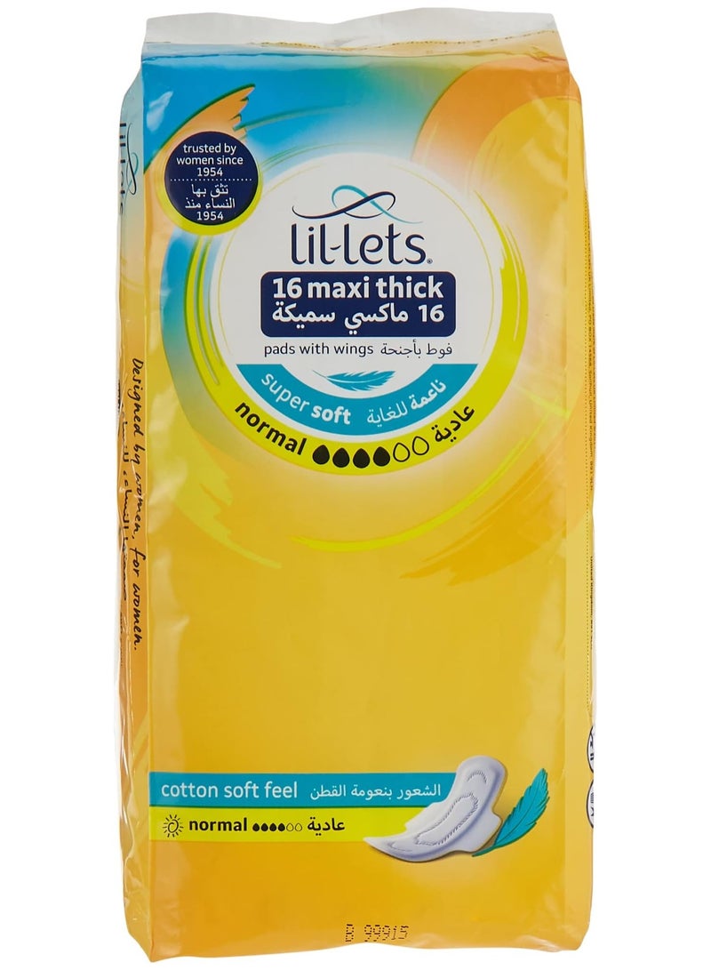 Lil-Lets 16 Units Maxi Thick Night Towel Pads - Super Soft Cotton Feel - Thick Pads With Wings for Extra Security - Fast Absorption - Amazing Comfort -Skin Friendly - Leak Proof Protection