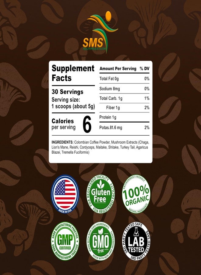 SMSHEALTHPRODUCTS.com Mushroom Coffee Powder 150g, 9 Mushroom Blend with Lion’s Mane, Reishi, Chaga, Cordyceps & More, Natural Energy & Focus - Vegan, Non-GMO, Gluten-Free - Colombian Coffee - Image 4