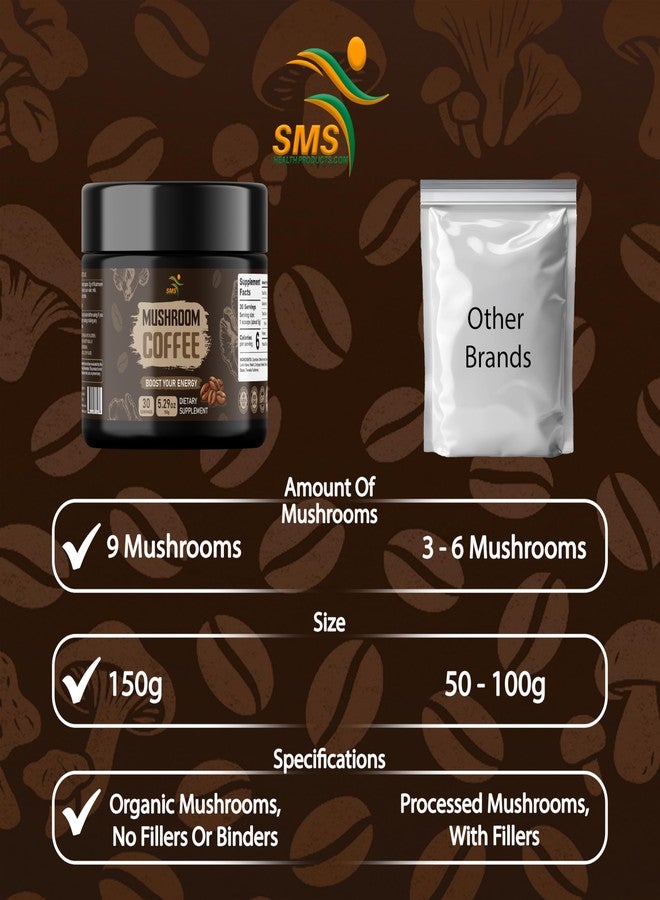 SMSHEALTHPRODUCTS.com Mushroom Coffee Powder 150g, 9 Mushroom Blend with Lion’s Mane, Reishi, Chaga, Cordyceps & More, Natural Energy & Focus - Vegan, Non-GMO, Gluten-Free - Colombian Coffee - Image 2
