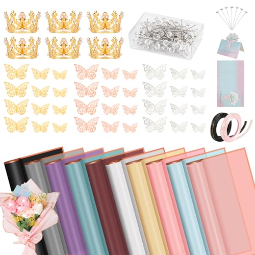 Hossmily 209 Pcs Flower Bouquet Wrapping Paper Waterproof Floral Wrapping Paper Florist Supplies with Butterfly Decoration Crowns Ribbons Bouquet Pin Glue for DIY Craft (10 Colors) - Image 1