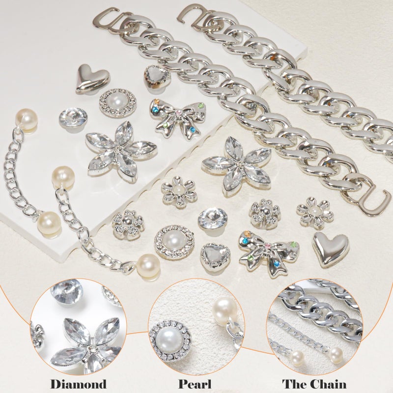 WYVAS 20 Pcs Bling Shoe Charms for Women, Plastic Rhinestone Flower Pearl Gems Shoe Charms, Sparkling Silver Shoe Chains, DIY Sandals Clog Shoe Decoration Charms for Birthday Favors Party Accessories - Image 4