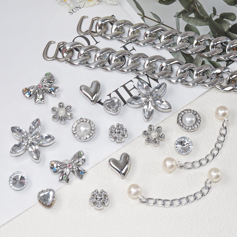 WYVAS 20 Pcs Bling Shoe Charms for Women, Plastic Rhinestone Flower Pearl Gems Shoe Charms, Sparkling Silver Shoe Chains, DIY Sandals Clog Shoe Decoration Charms for Birthday Favors Party Accessories - Image 5
