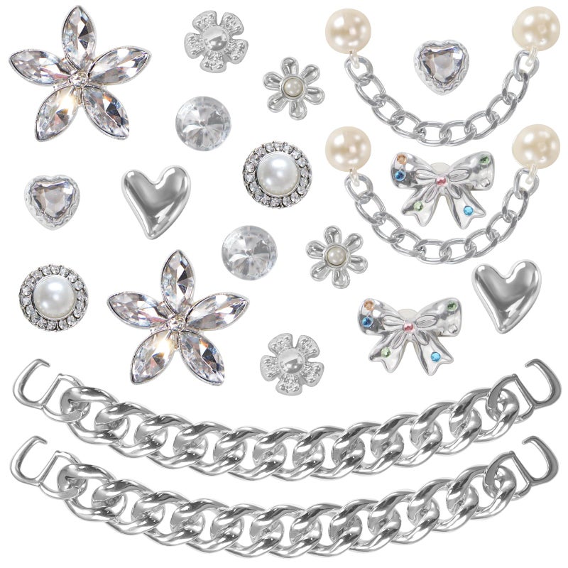 WYVAS 20 Pcs Bling Shoe Charms for Women, Plastic Rhinestone Flower Pearl Gems Shoe Charms, Sparkling Silver Shoe Chains, DIY Sandals Clog Shoe Decoration Charms for Birthday Favors Party Accessories - Image 1