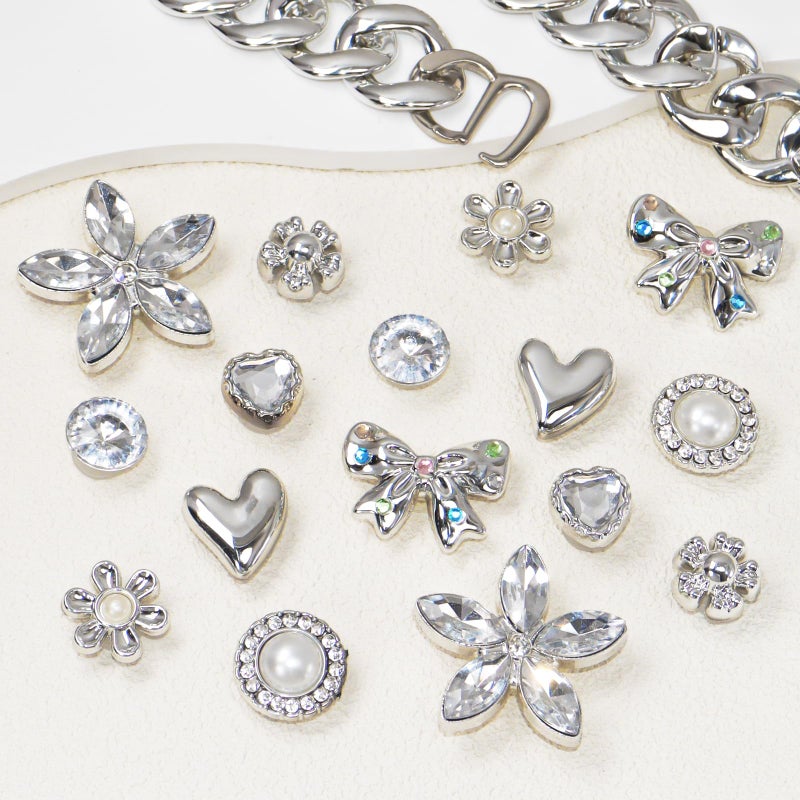 WYVAS 20 Pcs Bling Shoe Charms for Women, Plastic Rhinestone Flower Pearl Gems Shoe Charms, Sparkling Silver Shoe Chains, DIY Sandals Clog Shoe Decoration Charms for Birthday Favors Party Accessories - Image 2