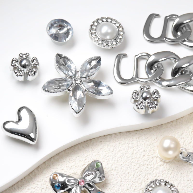 WYVAS 20 Pcs Bling Shoe Charms for Women, Plastic Rhinestone Flower Pearl Gems Shoe Charms, Sparkling Silver Shoe Chains, DIY Sandals Clog Shoe Decoration Charms for Birthday Favors Party Accessories - Image 3
