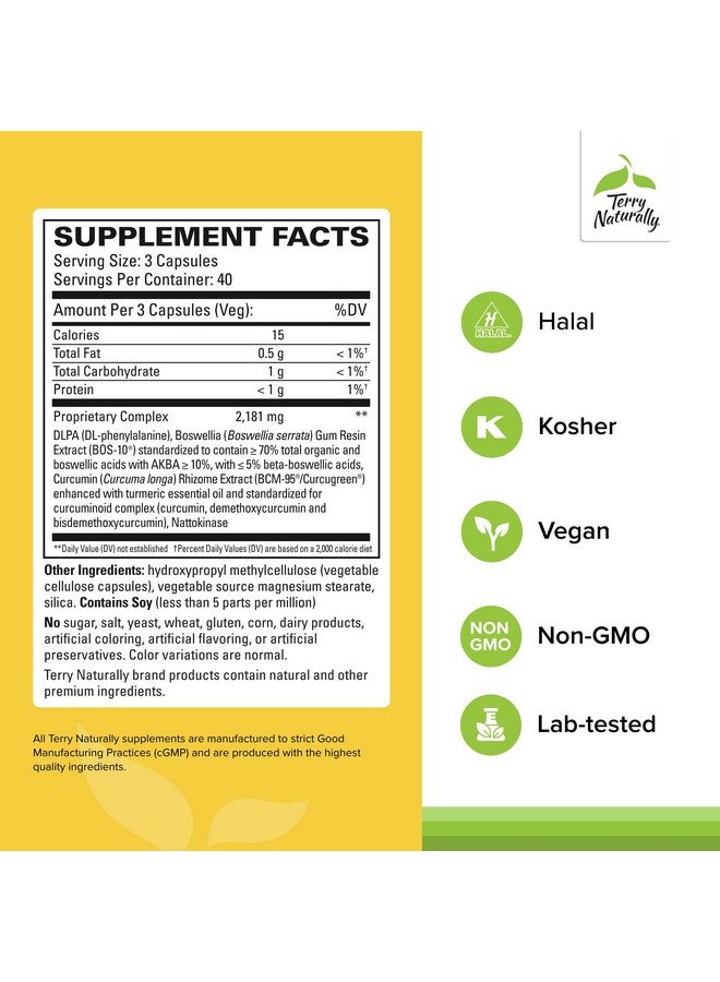 Terry Naturally Curamin - 120 Capsules - Non-Addictive Pain Relief Supplement with Curcumin from Turmeric, Boswellia, DLPA & Nattokinase - Non-GMO, Vegan, Gluten Free - 40 Servings - Image 2