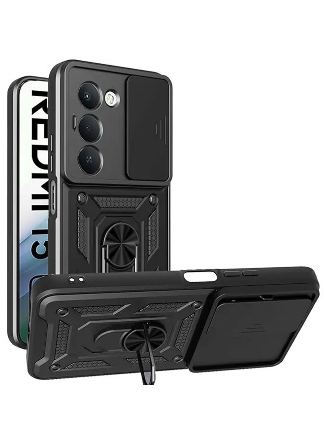 SanHu for Redmi 15 5G Case Cover, Slide Camera Lens Cover, Magnetic Ring Holder Kickstand Protective Phone Case for Redmi 15 5G, Black