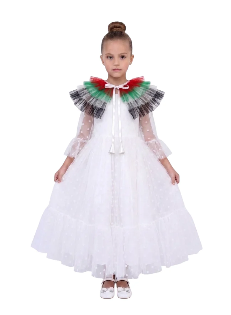 دىدانيالا 2-in-1 Girls UAE National Day Dotted Tulle Maxi Dress with Detachable Flag Ruffle Shoulder Wrap