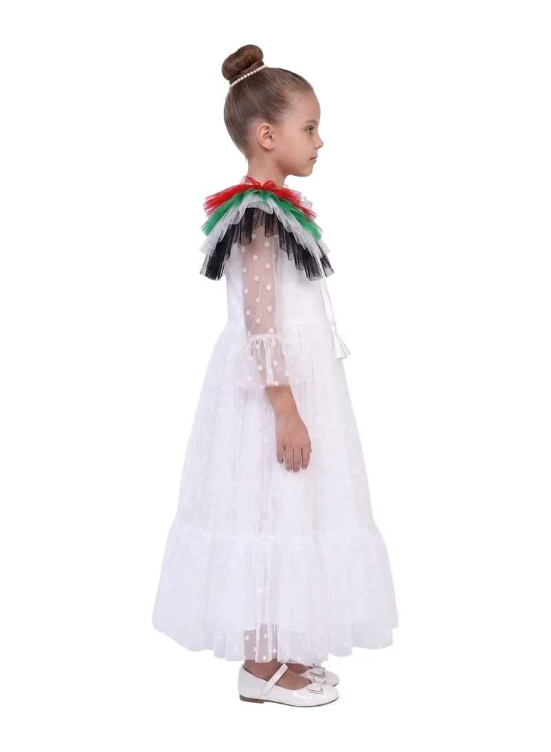 دىدانيالا 2-in-1 Girls UAE National Day Dotted Tulle Maxi Dress with Detachable Flag Ruffle Shoulder Wrap