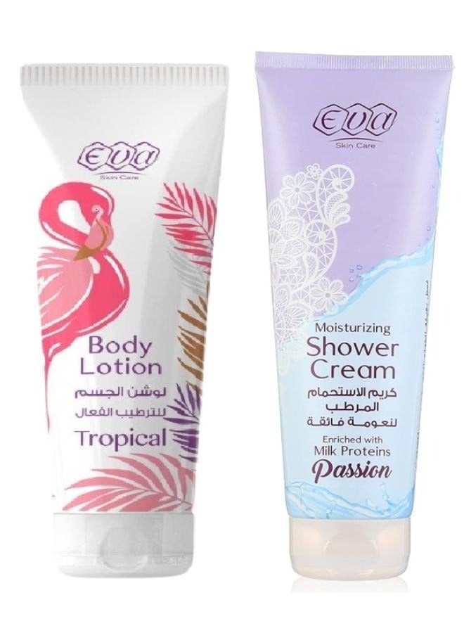 إيفا مجموعه من قطعتين لوشن الجسم للترطيب الفعال تروبيكال+ كريم الإستحمام المرطب لنعومة فائقة تروبيكال 250+240 مل - Image 1