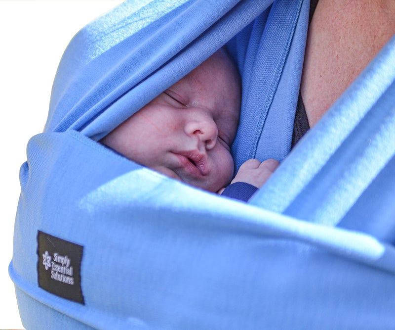 Simply Essential Solutions Baby Wrap Carrier Soft, Stretchy, Cotton Baby Wrap, Baby Sling, Nursing Cover Up for use with Newborn-Toddler: Evenly distributes Weight for More Comfortable Carrying (Medium Blue) - Image 2
