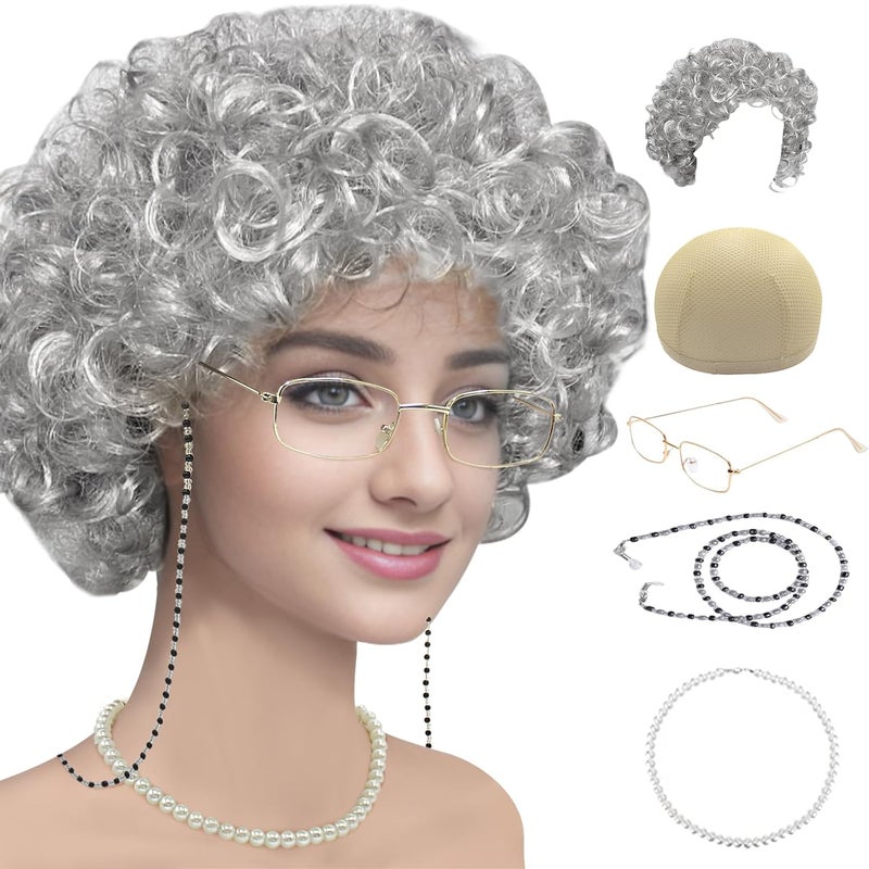 Cupohus طقم زي السيدة العجوز - باروكة الجدة - زي 100 يوم من المدرسة - نظارات ميديا - سلاسل نظارات - قلادة خرز لؤلؤ مزيف - طقم تمثيل السيدة العجوز 5 قطع (فضي أبيض أفرو) - Image 1