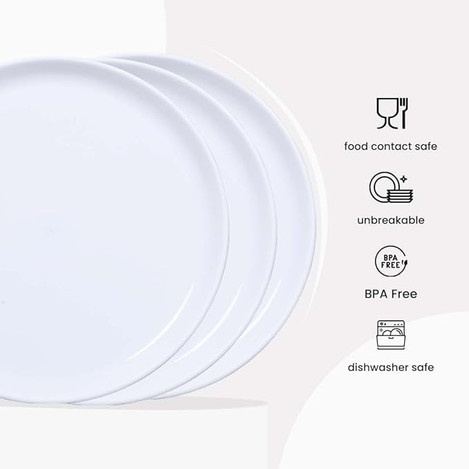 AWICKTIK Round Plastic Unbreakable Microwave Safe 11 Inch Glossy Full Plate Set Set of 12 White - Image 3