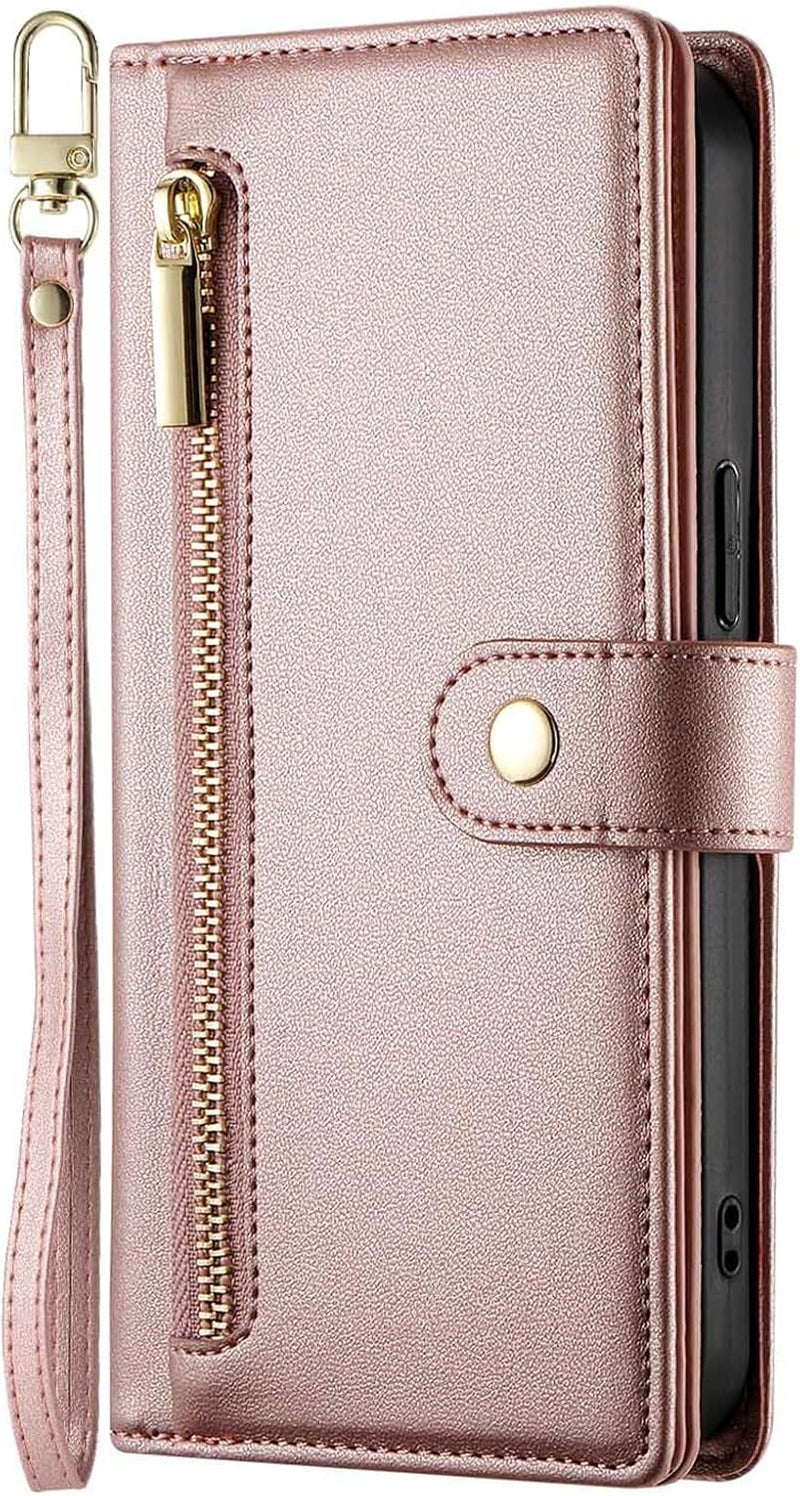 YUANSHXM- Case for iPhone 16 Pro Max/16 Pro/16 Plus/16, Leather Zipper Wallet Phone Cover Wrist Strap Card Slot Kickstand Purse Case (Gold,16 Pro Max) - Image 1