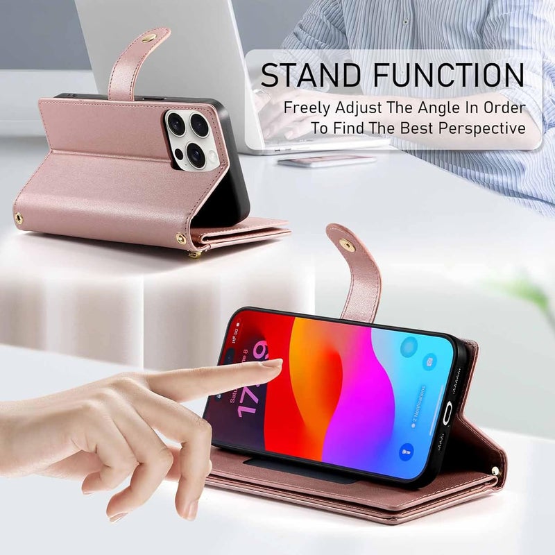 YUANSHXM- Case for iPhone 16 Pro Max/16 Pro/16 Plus/16, Leather Zipper Wallet Phone Cover Wrist Strap Card Slot Kickstand Purse Case (Gold,16 Pro Max) - Image 3