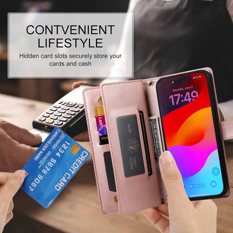 YUANSHXM- Case for iPhone 16 Pro Max/16 Pro/16 Plus/16, Leather Zipper Wallet Phone Cover Wrist Strap Card Slot Kickstand Purse Case (Gold,16 Pro Max) - Image 2