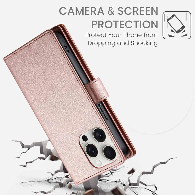 YUANSHXM- Case for iPhone 16 Pro Max/16 Pro/16 Plus/16, Leather Zipper Wallet Phone Cover Wrist Strap Card Slot Kickstand Purse Case (Gold,16 Pro Max) - Image 5