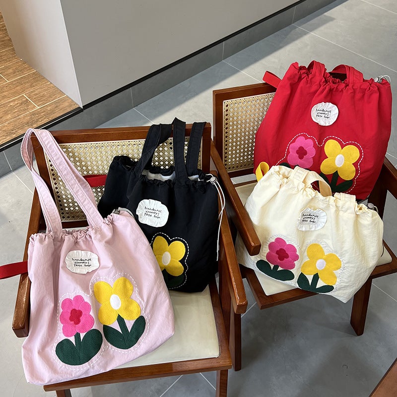 Ins Korean Style Embroidered Drawstring Shoulder Bag Casual Large Capacity Women'S Satchel Canvas Bag Simple Fashionable Class Bag - Image 5