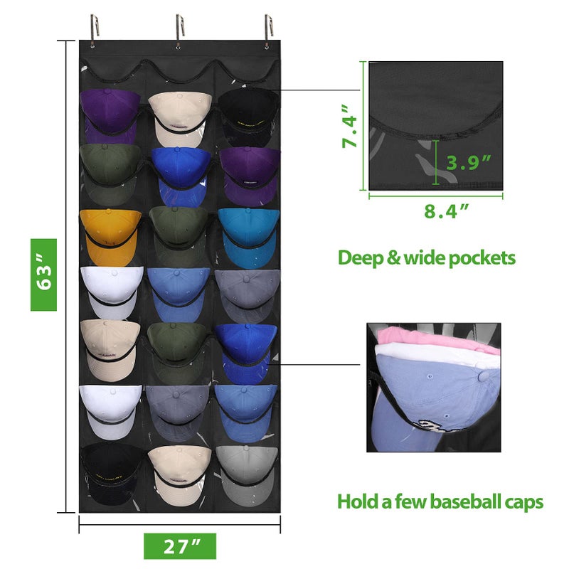 Dofilachy Hat Organizer Racks for Baseball Caps, Visible Hat Holder Rack for Wall Door with 3 Hooks, 24 Deep Pockets - Image 5