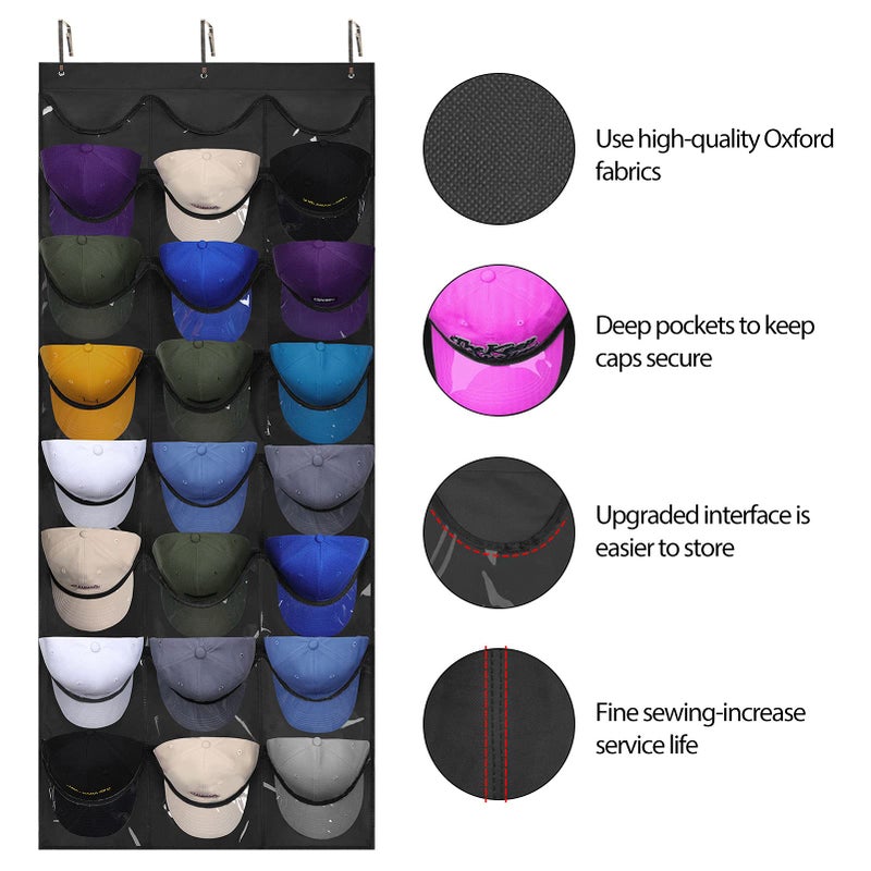 Dofilachy Hat Organizer Racks for Baseball Caps, Visible Hat Holder Rack for Wall Door with 3 Hooks, 24 Deep Pockets - Image 2