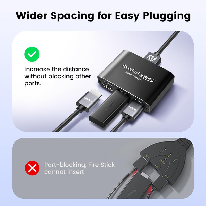 avedio links 4K@60Hz Aluminum Alloy 3-Port HDMI Switch [with 4FT HDMI 2.0 Cable], avedio Links HDMI Switch 3 in 1 Out, 4K HDMI Switcher Selector Box Support HDCP 2.2, HDR 10, for PS5, PS4 (Black) - Image 3