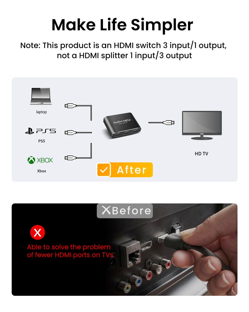 avedio links 4K@60Hz Aluminum Alloy 3-Port HDMI Switch [with 4FT HDMI 2.0 Cable], avedio Links HDMI Switch 3 in 1 Out, 4K HDMI Switcher Selector Box Support HDCP 2.2, HDR 10, for PS5, PS4 (Black) - Image 2