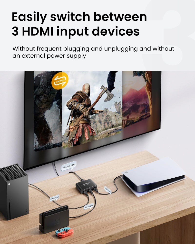avedio links 4K@60Hz Aluminum Alloy 3-Port HDMI Switch [with 4FT HDMI 2.0 Cable], avedio Links HDMI Switch 3 in 1 Out, 4K HDMI Switcher Selector Box Support HDCP 2.2, HDR 10, for PS5, PS4 (Black) - Image 4