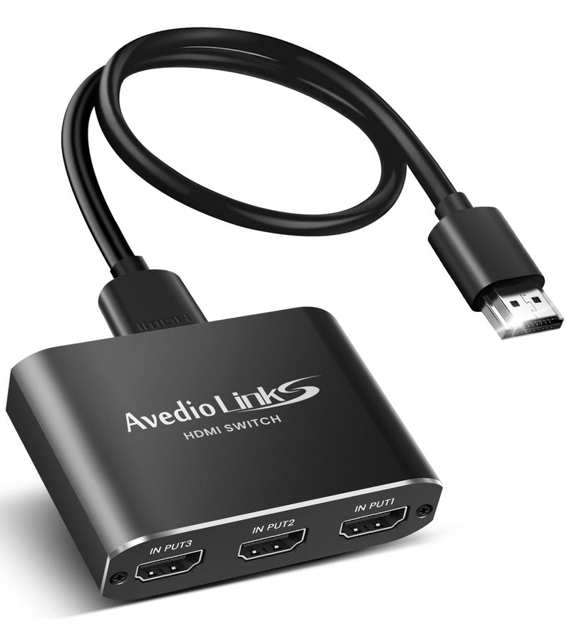 avedio links 4K@60Hz Aluminum Alloy 3-Port HDMI Switch [with 4FT HDMI 2.0 Cable], avedio Links HDMI Switch 3 in 1 Out, 4K HDMI Switcher Selector Box Support HDCP 2.2, HDR 10, for PS5, PS4 (Black) - Image 1