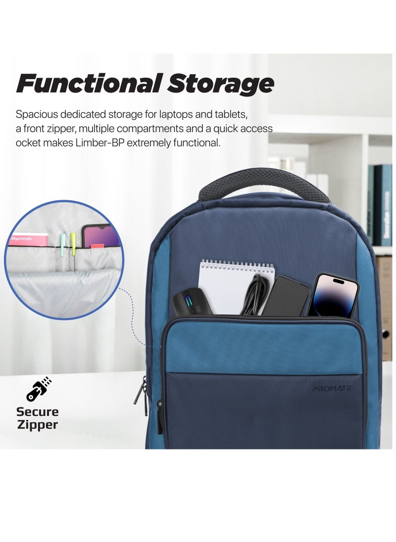 PROMATE - Promate Travel Laptop Backpack, Premium Durable with Multiple Spacious Compartments, Water-Resistance, Mesh Padded Strap, for 15.6-inch Laptops, Tablets, Limber-BP.Blue - Image 1
