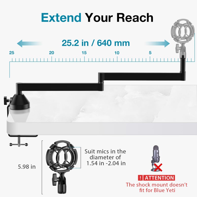 InnoGear Low Profile Mic Arm Boom Microphone Stand for Fifine AM8 K669B Elgato Blue Yeti HyperX QuadCast AT2020 Shure SM58 SM7B, with Shock Mount Mic Clip 3/8" to 5/8" Adapter (Black) - Image 3