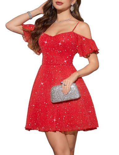 Meetjen Prom Dresses for Women 2026 Sparkly Sequin Tulle Bridesmaid Wedding Fancy Short Homecoming Dress for Teen Formal Spaghetti Straps Red S - Image 1