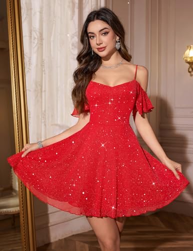 Meetjen Prom Dresses for Women 2026 Sparkly Sequin Tulle Bridesmaid Wedding Fancy Short Homecoming Dress for Teen Formal Spaghetti Straps Red S - Image 2