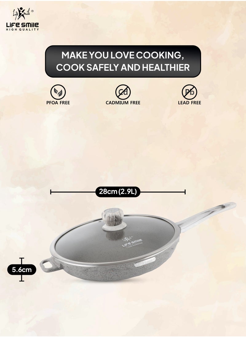 Life Smile - LIFE SMILE Frying Pan Big Size With Lid - Multi Layer Granite Coating Fry Pan | 100% PFOA FREE | Heat-Resistant Handle Hanging Loop | Induction Base (Davy Grey, 28 CM (2.9 Liters)) - Image 1