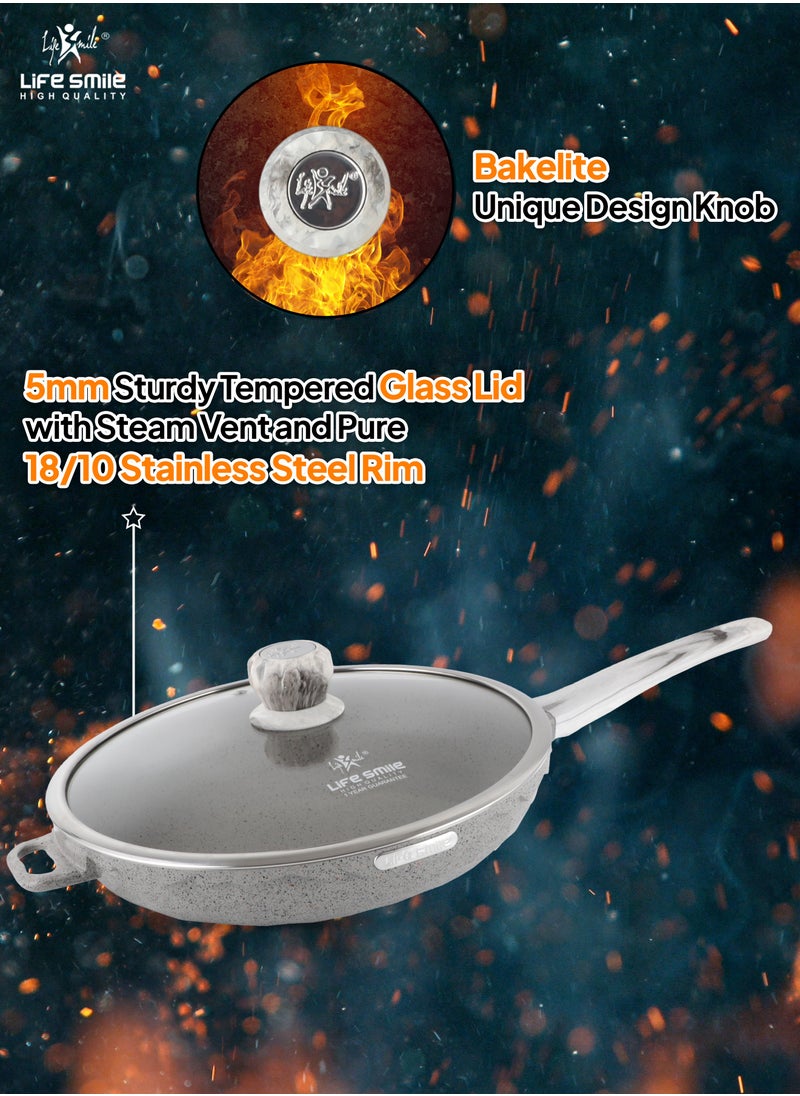 Life Smile - LIFE SMILE Frying Pan Big Size With Lid - Multi Layer Granite Coating Fry Pan | 100% PFOA FREE | Heat-Resistant Handle Hanging Loop | Induction Base (Davy Grey, 28 CM (2.9 Liters)) - Image 1