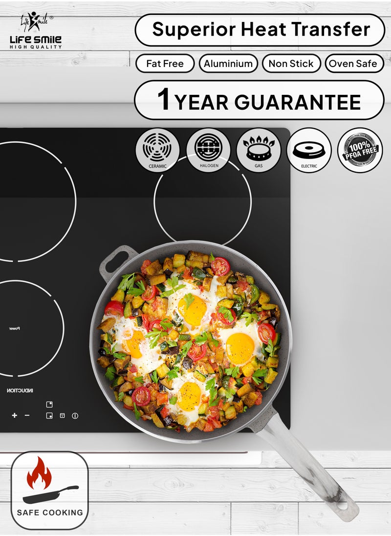 Life Smile - LIFE SMILE Frying Pan Big Size With Lid - Multi Layer Granite Coating Fry Pan | 100% PFOA FREE | Heat-Resistant Handle Hanging Loop | Induction Base (Davy Grey, 28 CM (2.9 Liters)) - Image 1