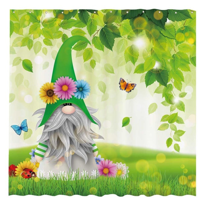 72X72 SPRING GNOMES GREEN LEAVES BUTTERFLY FLOWER GRASS HOME BATHTUBS SHOWER CURTAIN FOR BATHROOM DECOR MACHINE WASHABLE HOOKS NOT INCLUDED