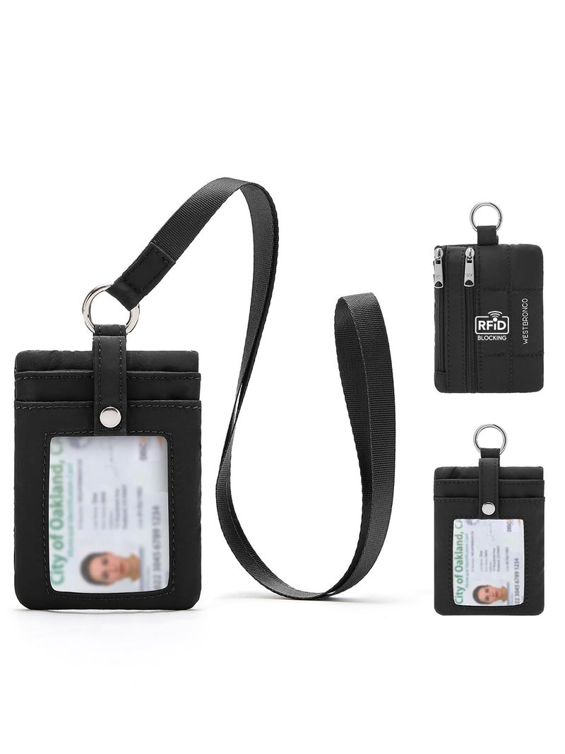 WESTBRONCO Small Puffer Lanyard Wallet with ID Window, Minimalist RFID Nylon Coin Pouch with 2 Zipper Pockets, Neck Badge Wallet, Waterproof Card Holder Wallet for Cards, Cash, Travel, Women, Men - Image 1