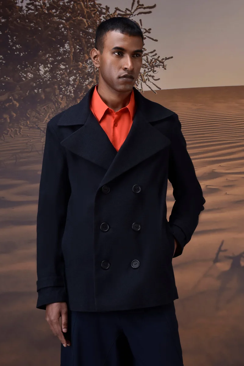 Genes Lecoanet Hemant  Tailored Navy Peacoat in Soft Poly Felt for Men | Best Price UAE