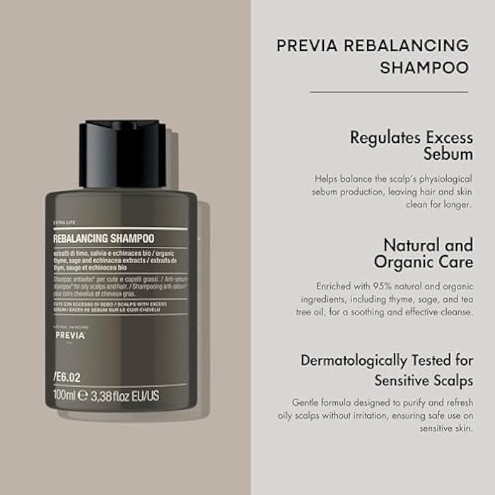 PREVIA Extralife Rebalancing Shampoo | Anti-Sebum Formula for Oily Hair and Scalp | Organic Ingredients | Vegan and Cruelty-Free | Dermatologically Tested | 3.38 oz - Image 3