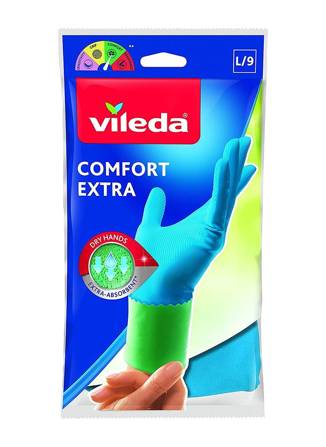 Vileda Vileda Comfort Extra Reusable Rubber Gloves L, Latex,  Absorbent Interior, Protects Your Skin, Blue & Green, Large Size (1 Pair Per Pack)  - Image 1