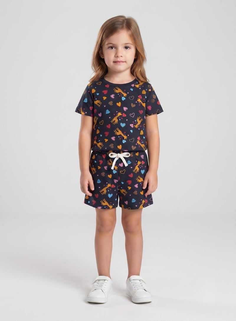 babyqlo Girls Navy Heart and Giraffe Print Co-ord Set - Image 1