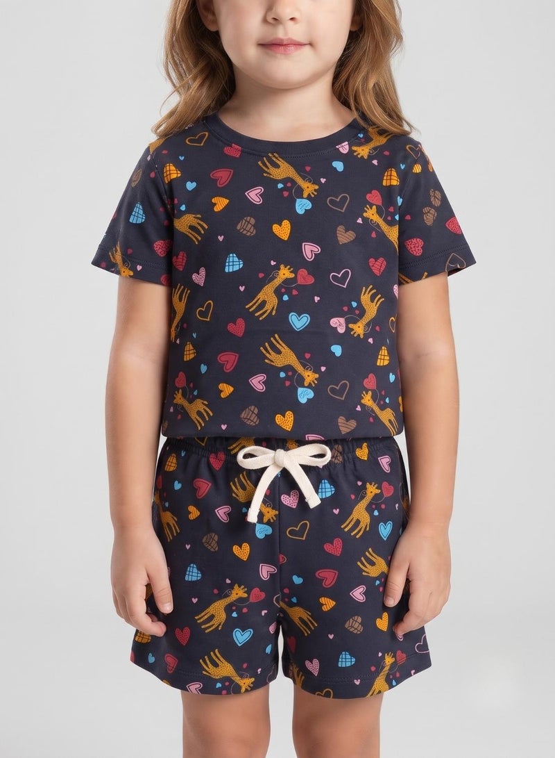 babyqlo Girls Navy Heart and Giraffe Print Co-ord Set - Image 5